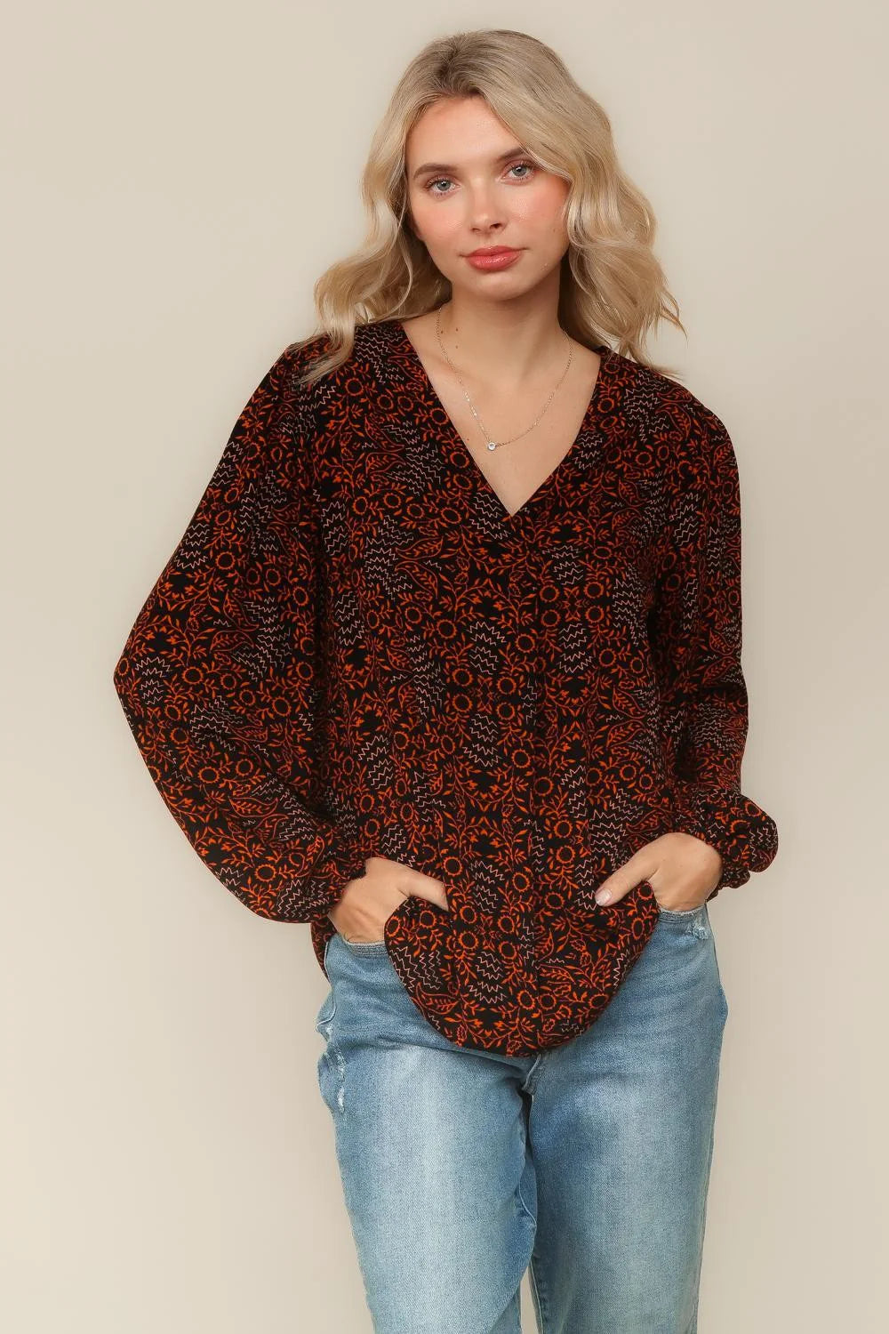 Black & Orange LS V Neck Blouse