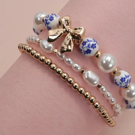 Blue Ceramic Porcelain Bow Layered Bracelet