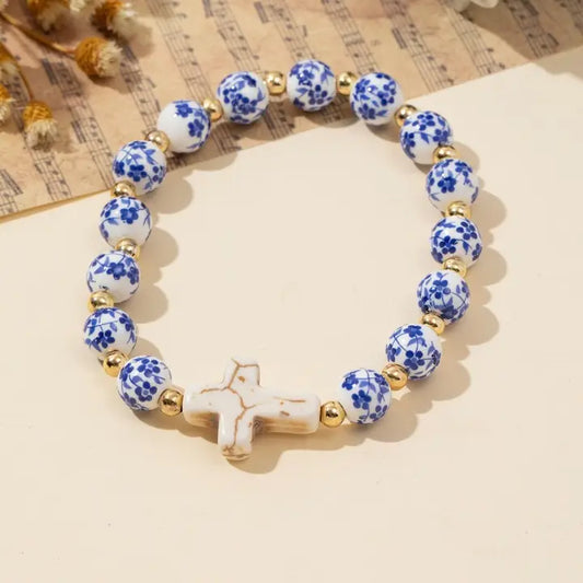 Blue Ceramic Porcelain Cross Bracelet