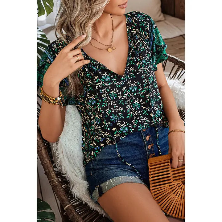 Boho Floral Patchwork V Neck Top