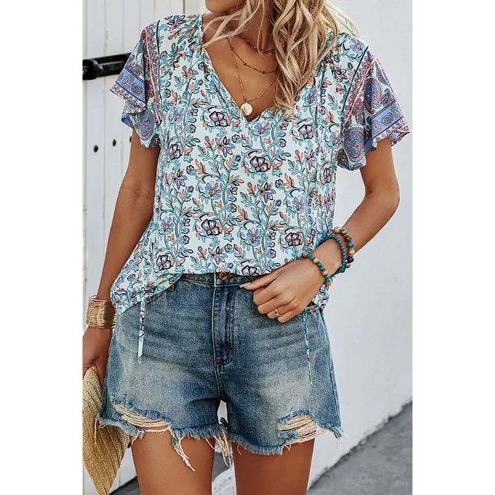 Boho Floral Patchwork V Neck Top