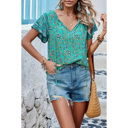 Boho Floral Patchwork V Neck Top
