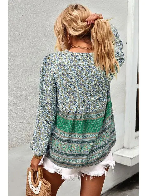 Boho Floral Tie Neck Shirt