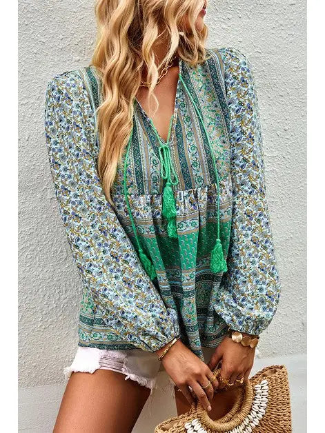 Boho Floral Tie Neck Shirt