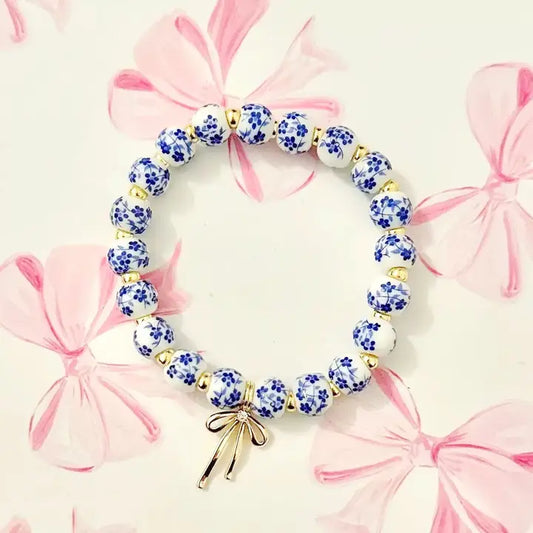 Bow Charm Floral Porcelain Blue Bracelet
