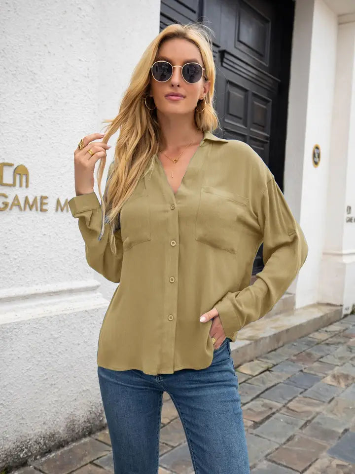 Button Down Pocket LS Blouse