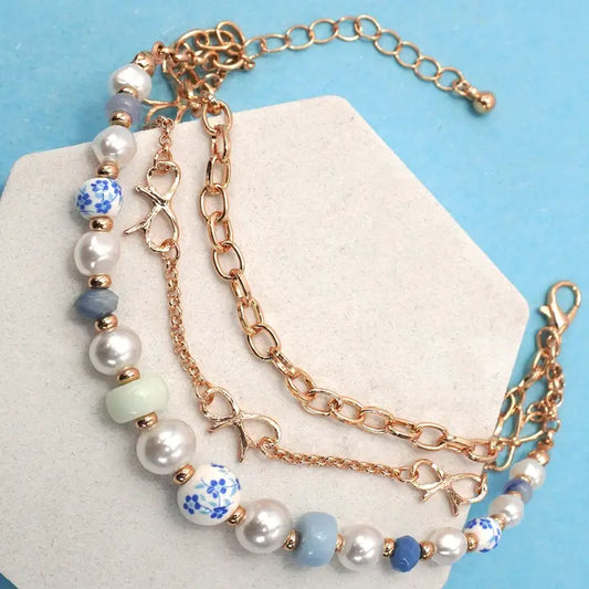 Ceramic Porcelain Pearl Bow Chain Bracelet