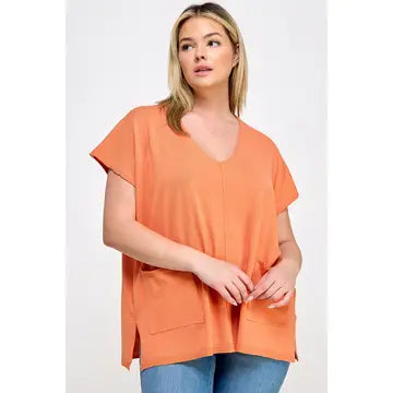 Curvy Sweater Knit Top W/ Pockets