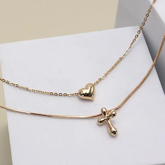 Double Layer Chain Heart Cross Necklace