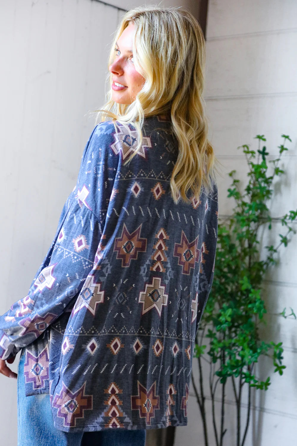 Ethnic Print Open Cardigan