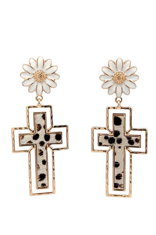 Flower W/ Animal Print Cross Earrings