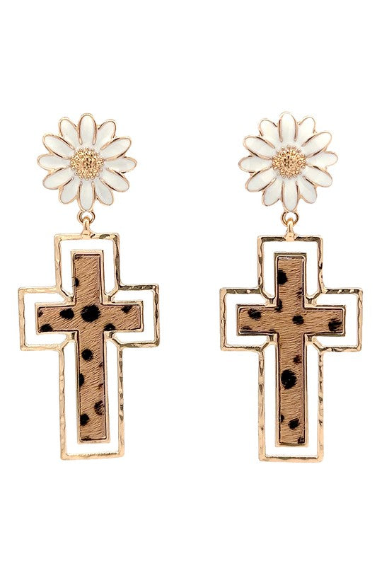 Flower W/ Animal Print Cross Earrings