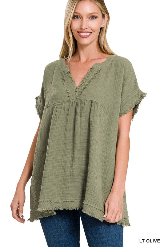 Gauze Raw Edge V Neck Top Misses