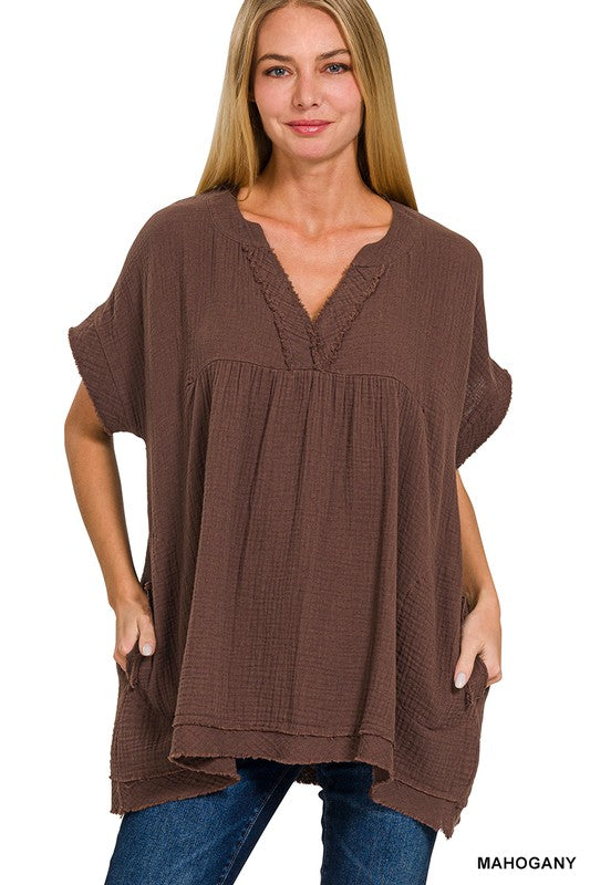 Gauze Raw Edge V Neck Top Misses