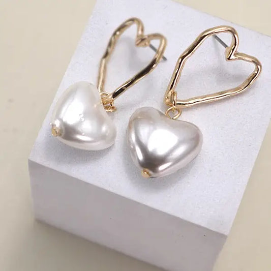 Hammered Heart Pearl Drop Earrings