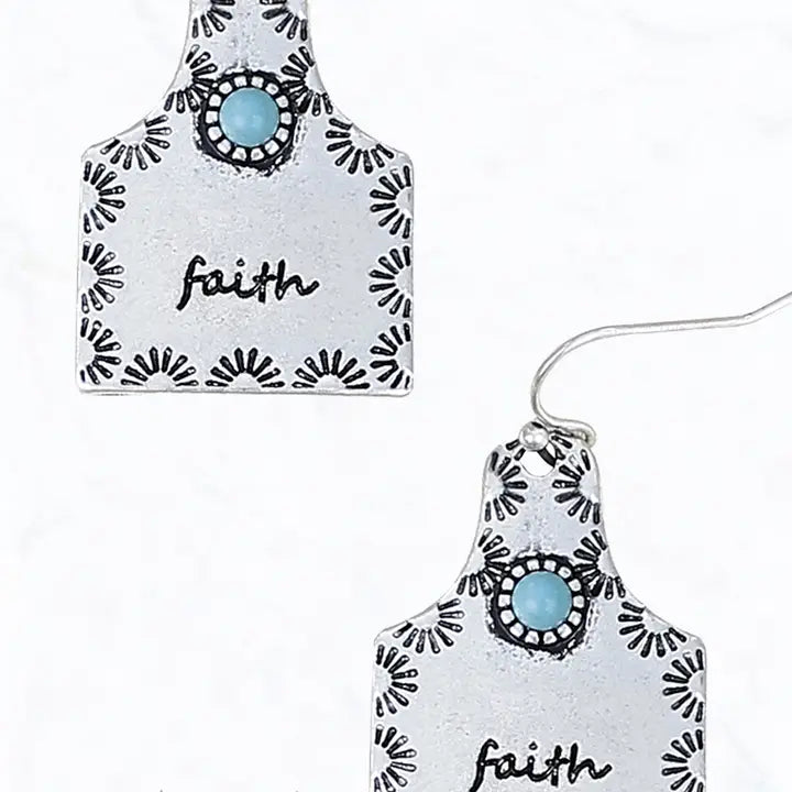 Metal Faith Cow Tag Earrings