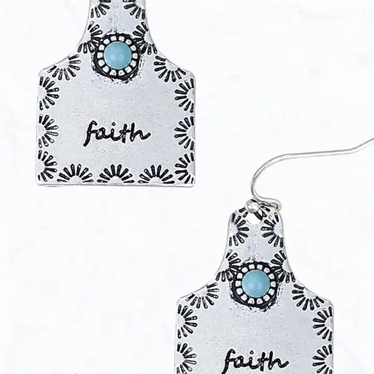 Metal Faith Cow Tag Earrings