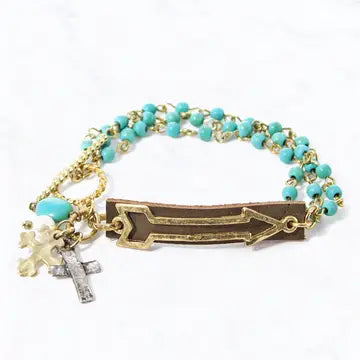 Metal Leather Turq & Charms Braclet