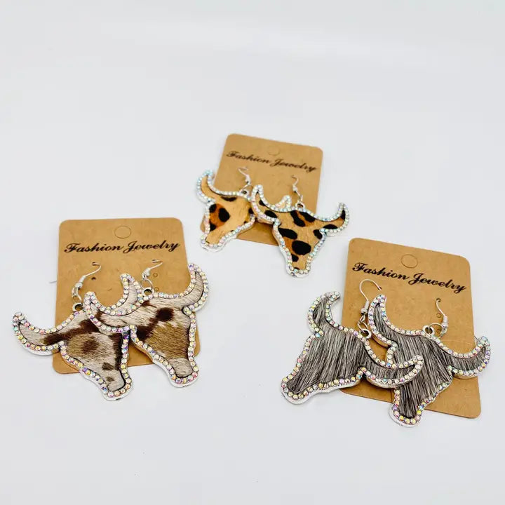 Rhinestone Animal Cowhead Earrings
