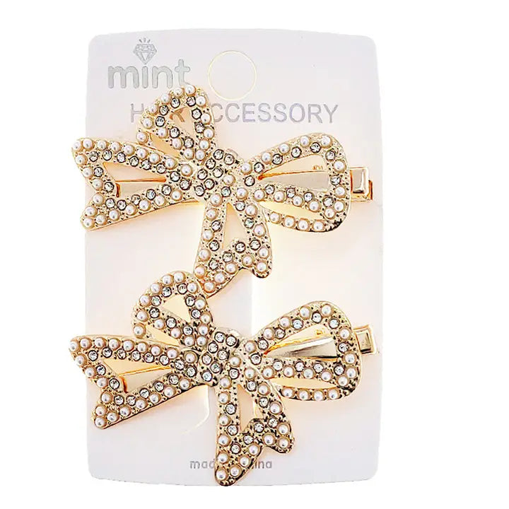 Rhinestone & Pearl Bow Hair Clip