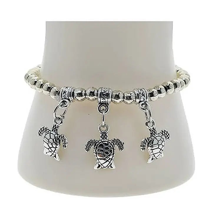 Silver Turtle Charm Bead Bracelet