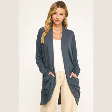 Soft Wrap Shirred Open Cardigan