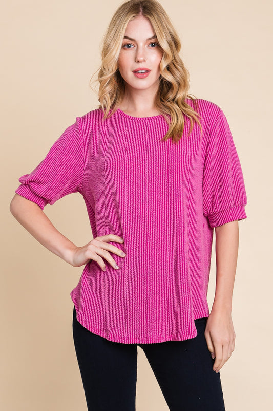 Solid Rib Puff Sleeve Tee