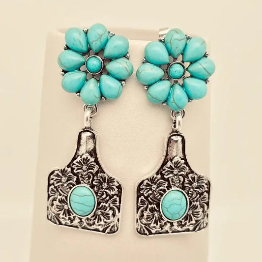 Turq Stone Cowtag Earrings