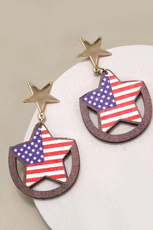 USA Star Wood Drop Earrings