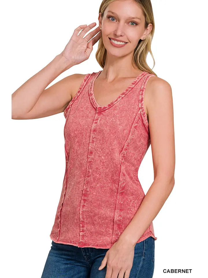 Washed Raw Edge V Neck Tank