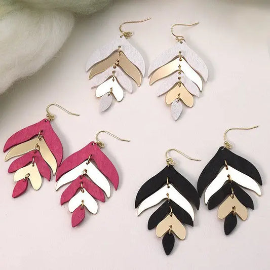 Wood Metal Mix Leaf Drop Earrings