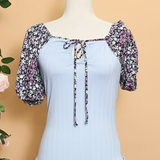 Blue & Floral Tie Neck Top