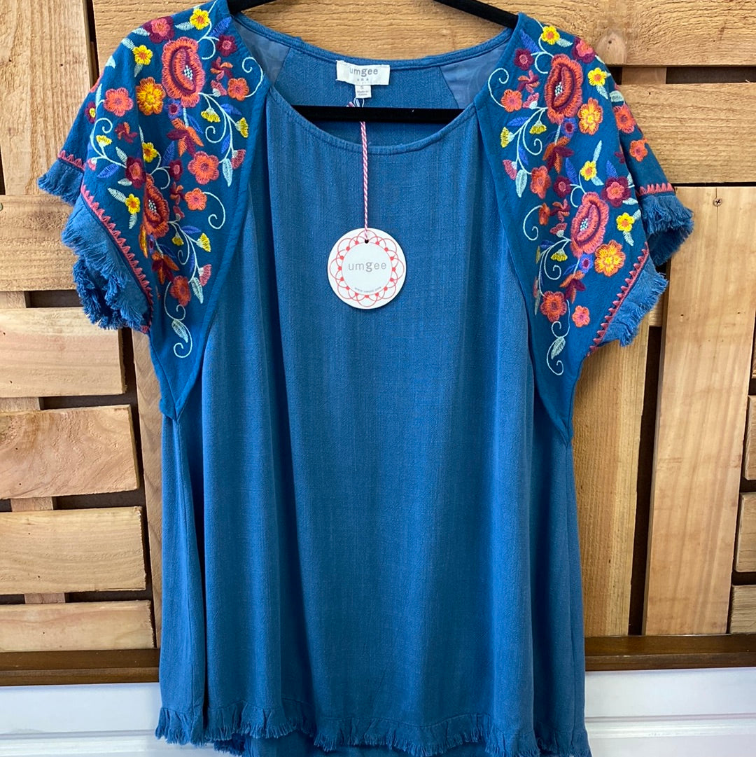 Embroidery Linen Top w/ Frayed Ruffle Trim
