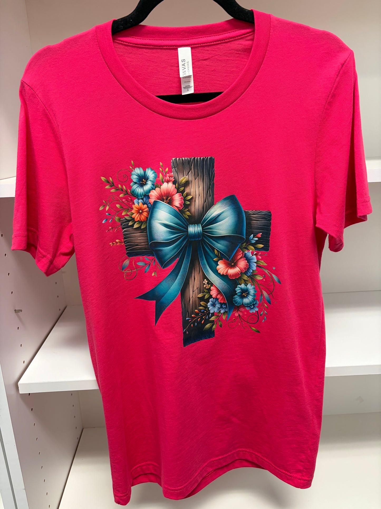Wood Cross Blue Bow Tee