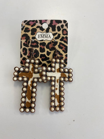 Animal Print Trimmed Cross Earrings