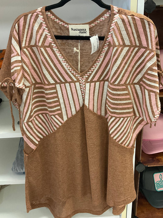 V Neck Embroidery Tunic Blouse