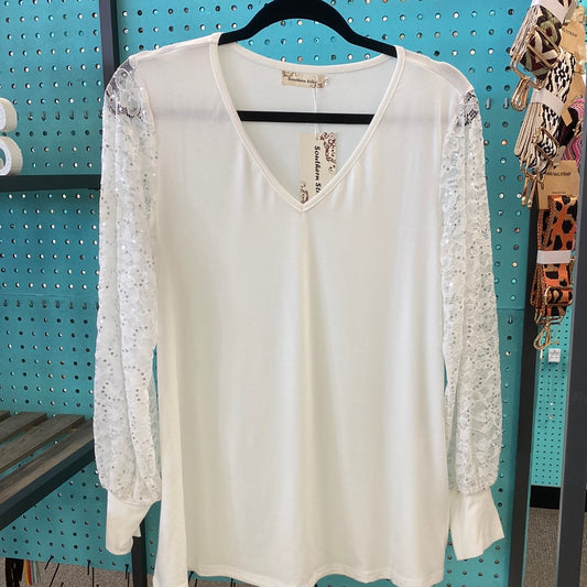 White Lace Sleeve Top