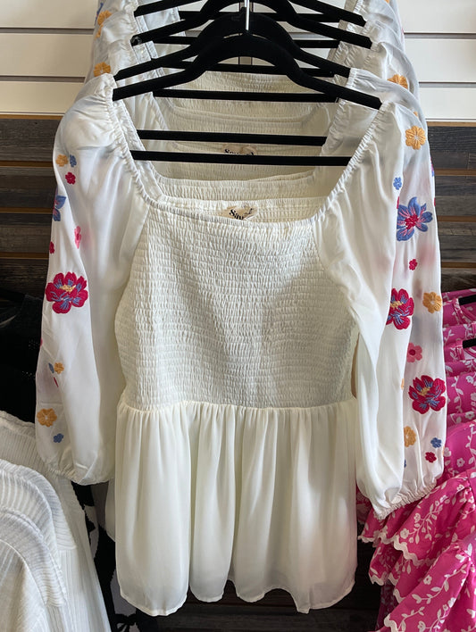 Square Neck Smock Floral Embroidery Blouse