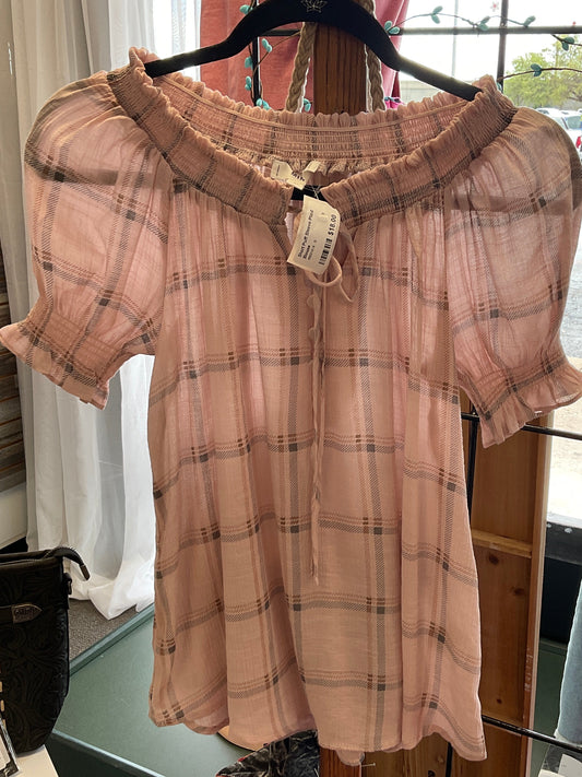 Short Puff Sleeve Plaid Blouse