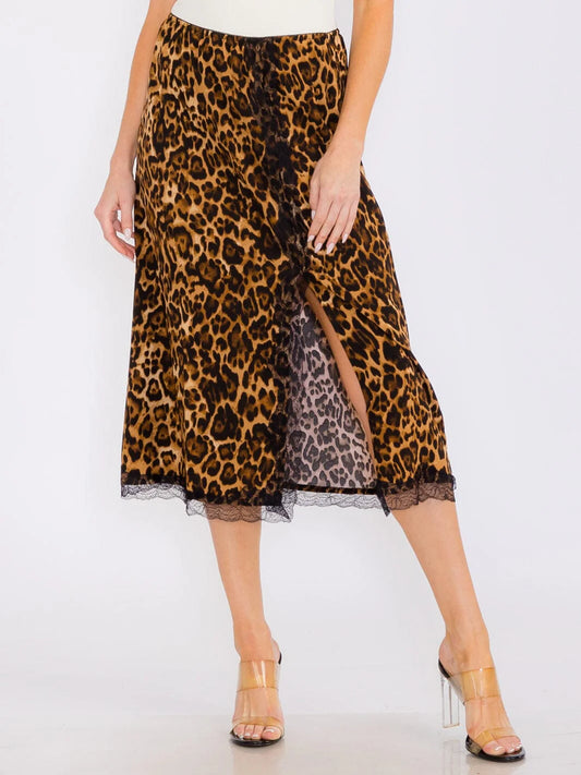 Animal Print Slit Lace Midi Skirt