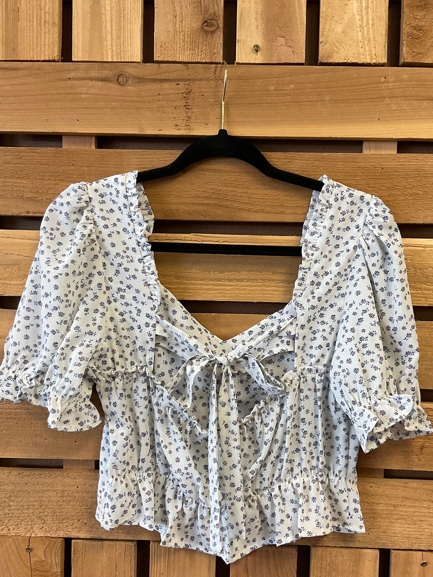 Open Back Floral Puff Sleeve Crop Top