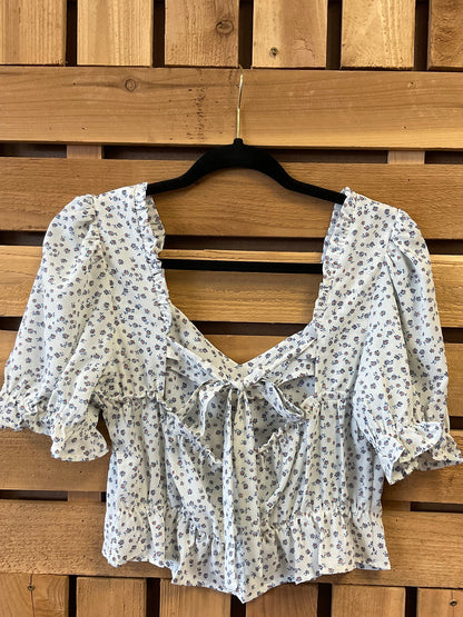 Open Back Floral Puff Sleeve Crop Top