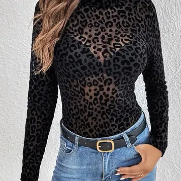Black Leo Print Sexy Mesh Top