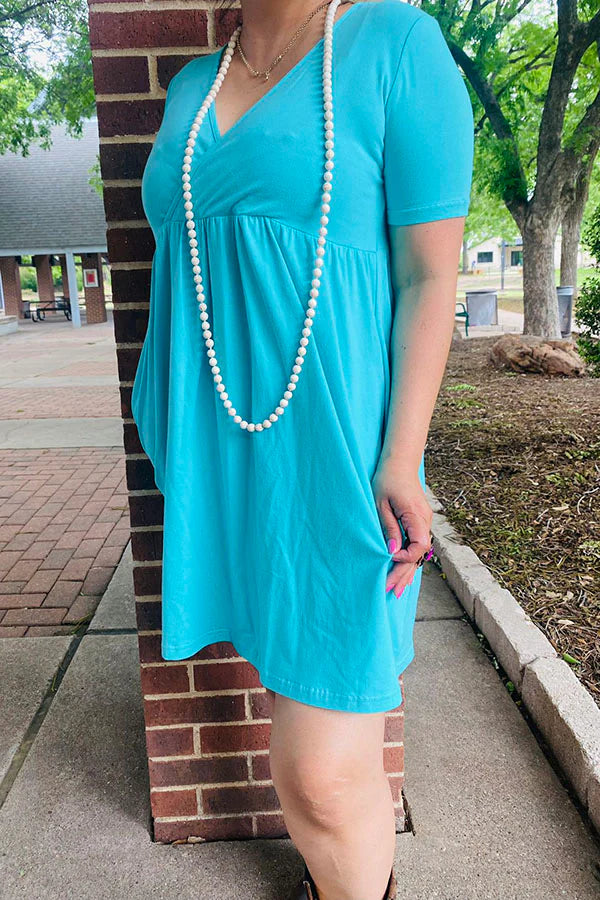 Blue Short Sleeve Dress w/ Pockets