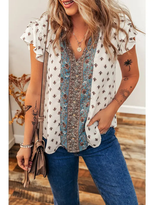 Boho Pattern Buttoned Blouse