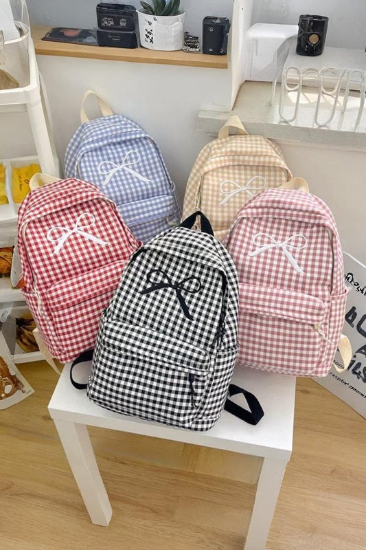 Bow Embroidered Checkered Backpack
