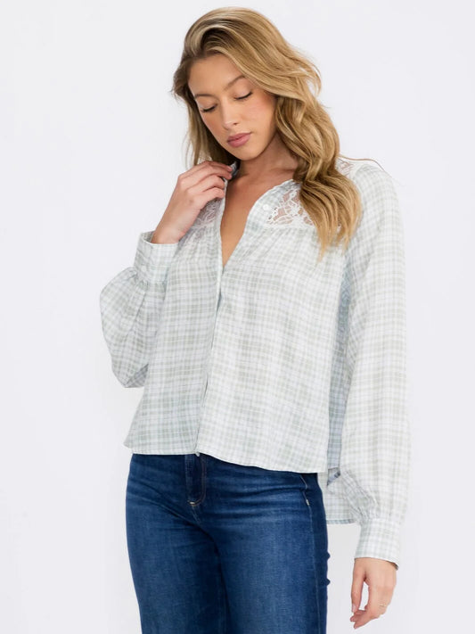 Button Closure Lace Plaid Blouse