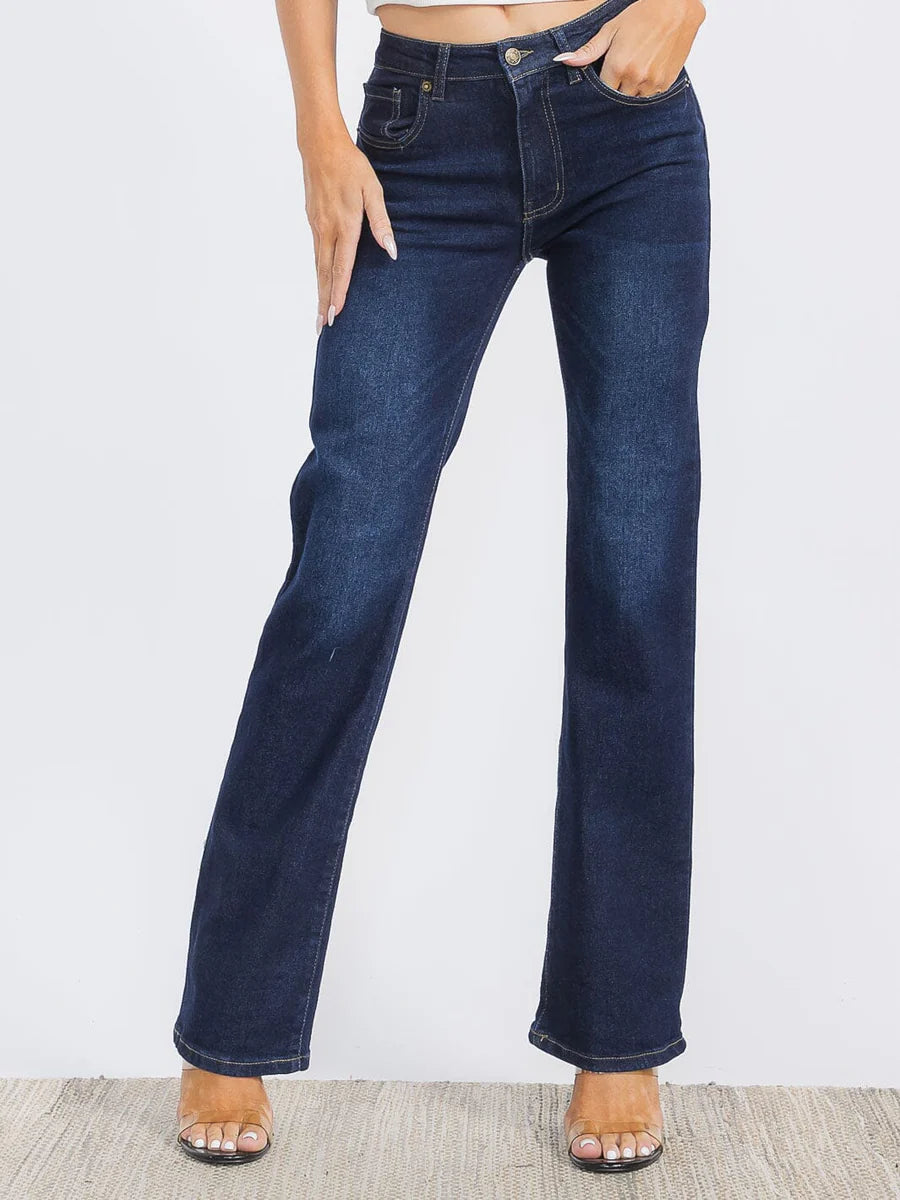 Button Closure Stretch Wide Leg Denim Pants