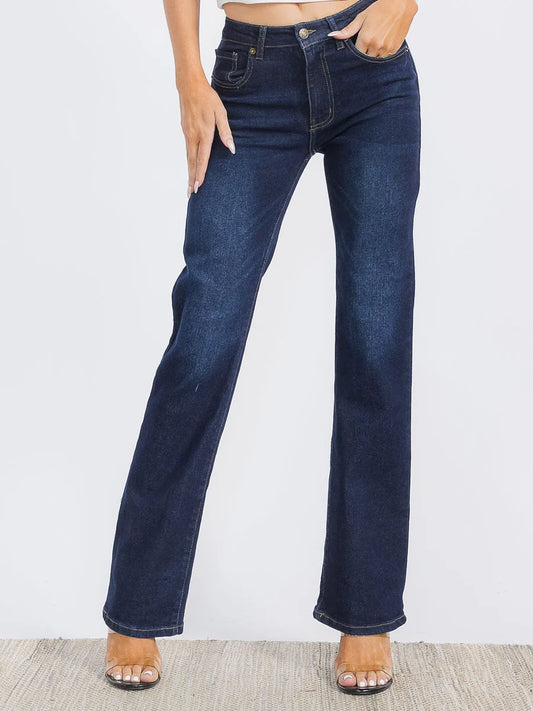 Button Closure Stretch Wide Leg Denim Pants