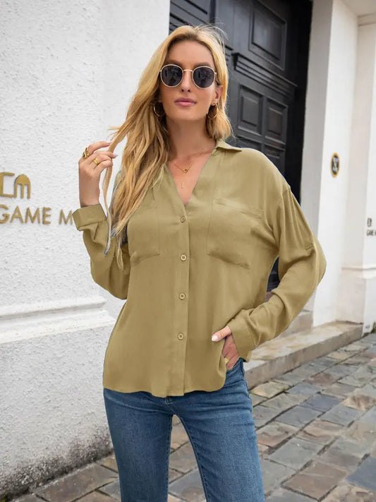 Button Down Pocket LS Blouse